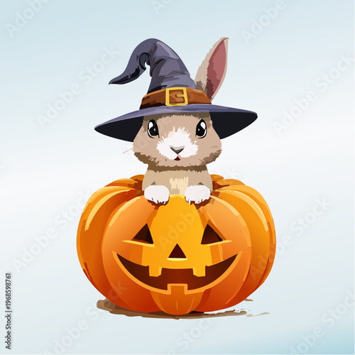 Hase mit Hexenhut auf Kürbis – Niedliche Illustration