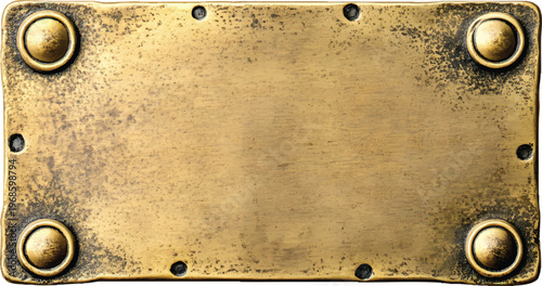 photo of a brass name plate with rivets on the corners, isolated against a transparent background
