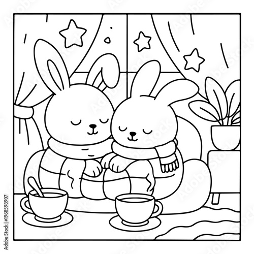 Rabbits Comfy days cute and comfy cozy coloring pages
