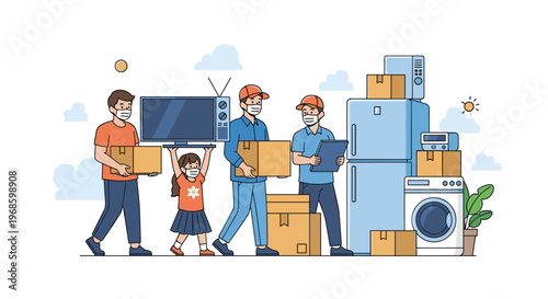 Professional movers and a family carrying boxes and home appliances into a new house during a relocation process.