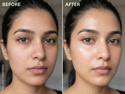 Before and After Skincare Transformation: Natural Skin Texture Pores and Redness vs Hydrated Radiant Glass Skin Glow. Beauty Treatment Comparison, Facial Care, Dermatology, Healthy Glowing Skin. Asia