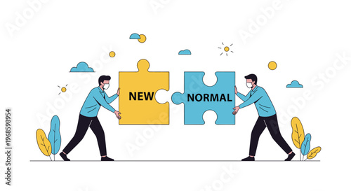 Two men wearing medical masks joining puzzle pieces that form the text new normal after the global pandemic crisis.