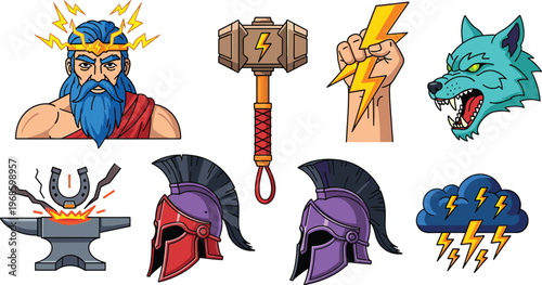 Greek and Norse Mythology Vector Icon Set Featuring Zeus, Thor Hammer, Lightning Bolt, Spartan Helmet, Anvil, and Wolf for Gaming and Mascot Designs