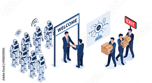 Robots entering the workforce through a welcome gate while human employees carrying boxes are exiting the building.