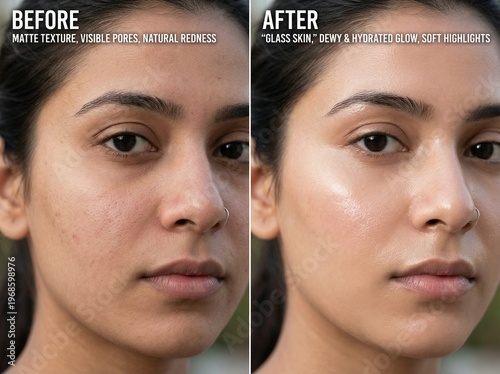 Before and After Skincare Transformation: Natural Skin Texture Pores and Redness vs Hydrated Radiant Glass Skin Glow. Beauty Treatment Comparison, Facial Care, Dermatology, Healthy Glowing Skin. Asia