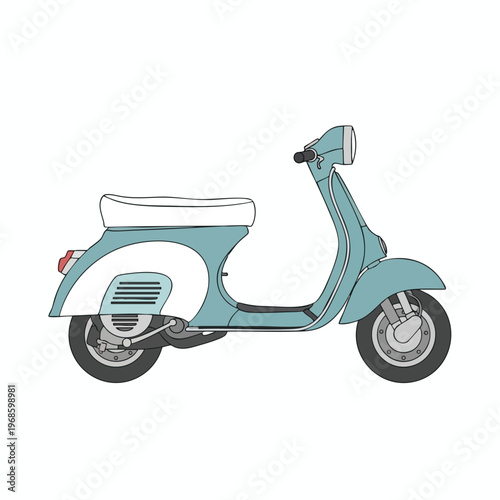 A vintage style scooter in a classic teal and white color scheme