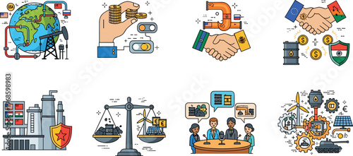 Global Geopolitics and International Trade Icon Set Featuring Handshakes, Oil Energy, World Map, Diplomacy Meetings, Industrial Production, and Economic Policy Concept Illustrations
