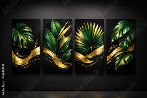 Elegant Botanical Abstraction: Captivating gold streaks intertwine with lush green foliage, forming an abstract composition on a dark background. This piece exudes sophistication and artistic flair.