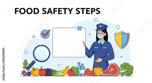 Female inspector in a blue uniform and mask showing food safety steps while checking fresh vegetables and meat.