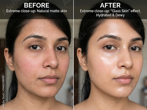 Before and After Skincare Transformation: Natural Skin Texture Pores and Redness vs Hydrated Radiant Glass Skin Glow. Beauty Treatment Comparison, Facial Care, Dermatology, Healthy Glowing Skin. Asia