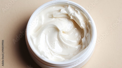 Open White Round Skincare Cream Jar Top Angle Beige Background