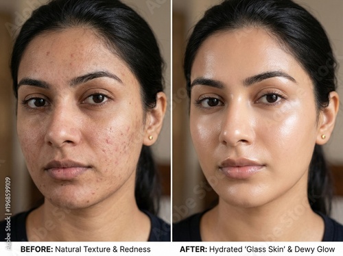 Before and After Skincare Transformation: Natural Skin Texture Pores and Redness vs Hydrated Radiant Glass Skin Glow. Beauty Treatment Comparison, Facial Care, Dermatology, Healthy Glowing Skin. Asia