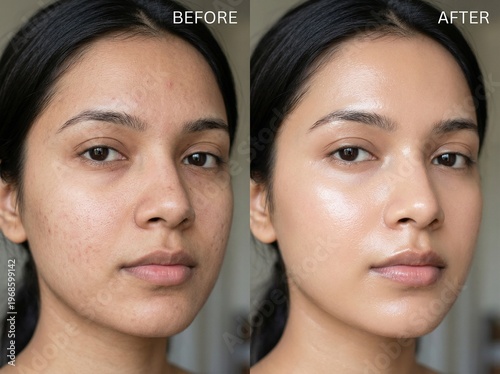 Before and After Skincare Transformation: Natural Skin Texture Pores and Redness vs Hydrated Radiant Glass Skin Glow. Beauty Treatment Comparison, Facial Care, Dermatology, Healthy Glowing Skin. Asia