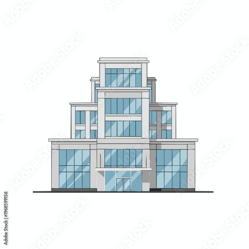 Modern, multi-level building with large, reflective windows and tiered facade