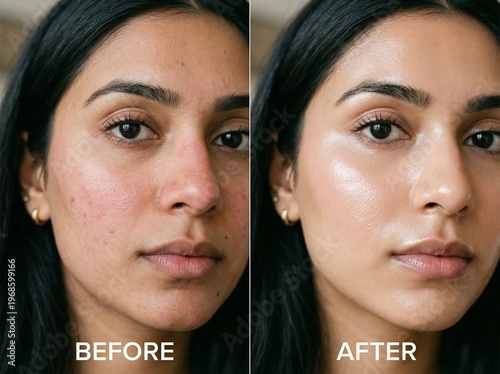 Before and After Skincare Transformation: Natural Skin Texture Pores and Redness vs Hydrated Radiant Glass Skin Glow. Beauty Treatment Comparison, Facial Care, Dermatology, Healthy Glowing Skin. Asia