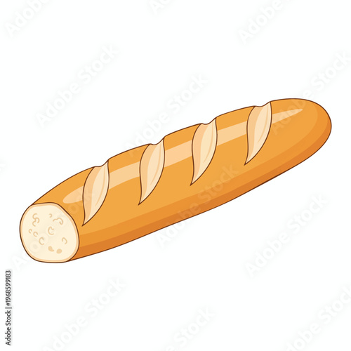 A cartoon-style image of a single, golden-brown, elongated bread loaf with cuts