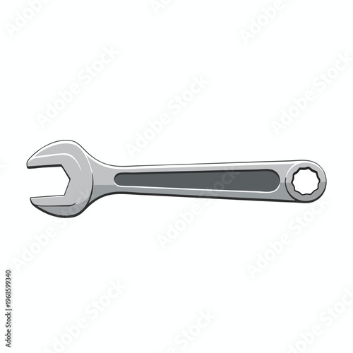 A simple, silver combination wrench with an open end and a box end