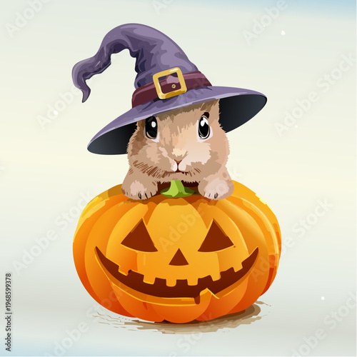 Hase mit Hexenhut auf Kürbis – Niedliche Illustration