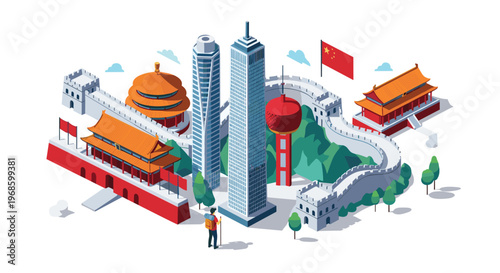 Famous landmarks of China including the Great Wall and modern skyscrapers with a traveler exploring the scene.