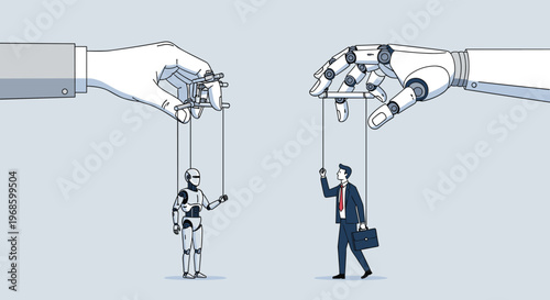 Large human and robot hands controlling puppets representing the balance between automation and human labor.