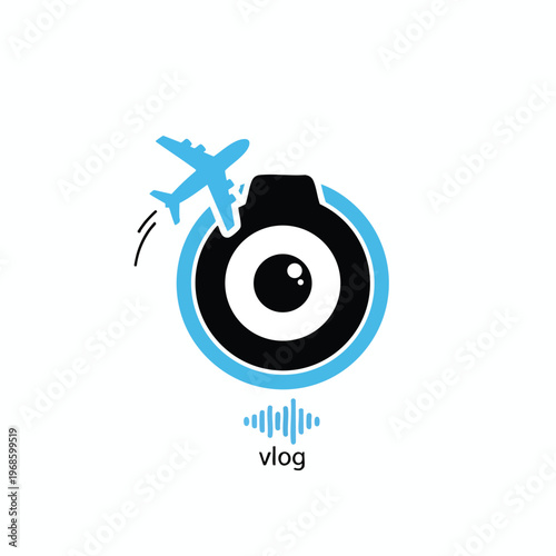 Minimalist logo airplane over an eye-shaped camera lens with sound waves