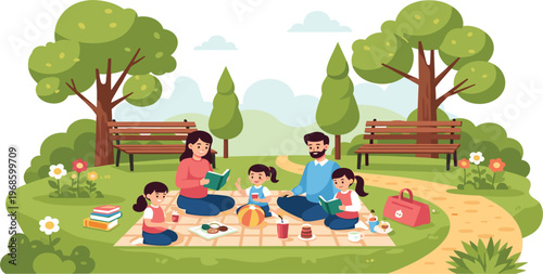 Happy Family Picnic in Park with Parents and Children Reading Books and Playing Together on Blanket, Outdoor Leisure Activity Illustration in Nature Setting