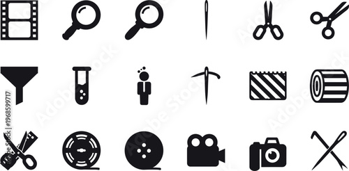 Multimedia tools and equipment icon set featuring camera film scissors magnifier laboratory items silhouette collection isolated on white background