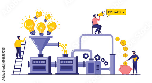 Innovation machine processing light bulb ideas into golden coins to represent the monetization of creative thoughts.