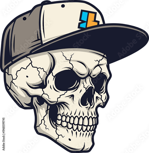 Skull wearing a cap with urban design in stylized illustration  