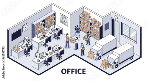 Detailed isometric layout of a modern office and logistics warehouse with employees working and delivery trucks.