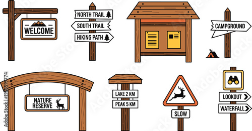 Wooden National Park Signage Set Featuring Trail Markers, Campground Directions, Nature Reserve Welcome Board, Hiking Path Indicators, and Wildlife Warning Signs for Outdoor Adventure Designs