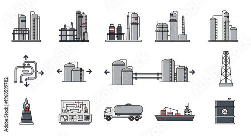 Oil and Gas Industry Icons - Refinery, Transportation, and Storage.
