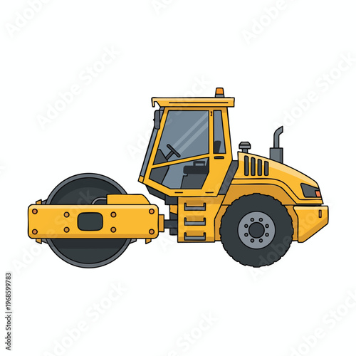 Yellow steamroller on a white background, with a large drum at the front and a wheel at the rear