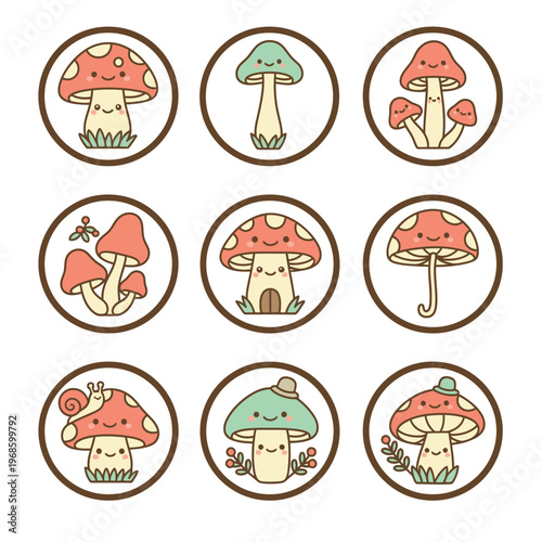 Cute Kawaii Mushroom Characters Collection.