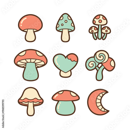 Cute Kawaii Mushroom Collection Vector Art.