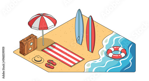 Collection of beach vacation items including a suitcase surfboard and umbrella on the sand near the ocean shore.