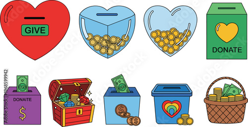 Charity and Donation Vector Icon Set Featuring Heart Shaped Money Boxes, Donation Baskets, Treasure Chest, and Give Help Symbols for Nonprofit Organizations