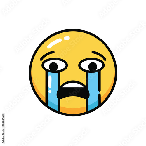Yellow emoji face with wide-open eyes, crying with blue tears and a sad mouth