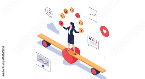 Businesswoman balancing on a heart shaped seesaw while juggling emotional mood icons representing mental well being.