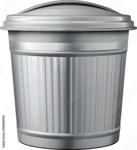 silver metal trash can with lid, industrial style, on a transparent background