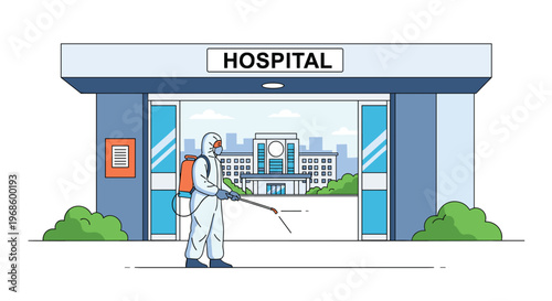 Specialist wearing a protective hazmat suit spraying disinfectant to sanitize a hospital entrance during a pandemic.