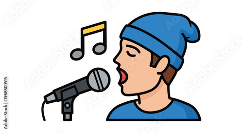 Cartoon illustration of a young man singing into a microphone with musical notes