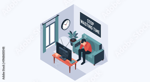Man feeling stressed and frustrated on a sofa with a clock and a stop wasting time sign in a minimalist room setting.
