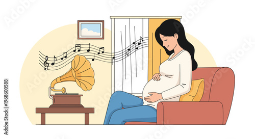 Pregnant woman relaxing on a sofa while listening to classical music from a vintage gramophone in a cozy home environment.