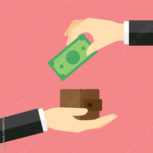 Hand exchanging money for a wallet, business transaction concept illustration