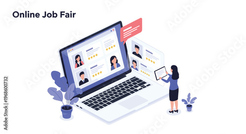 Online recruitment concept with a woman reviewing candidate profiles on a large laptop screen for job fair purposes.