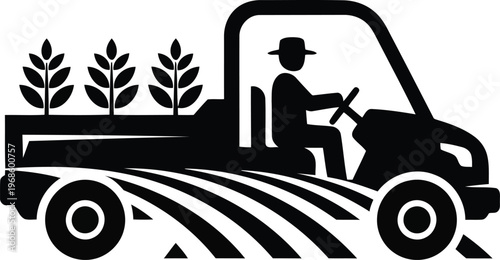 Farmer driving utility vehicle with crops in field with food production