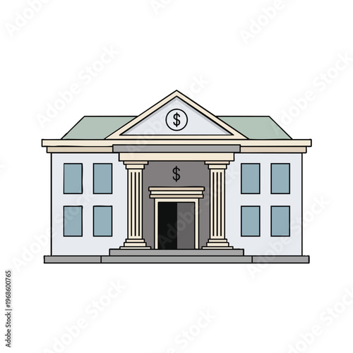 A colorful cartoon drawing of a classical bank building with dollar signs