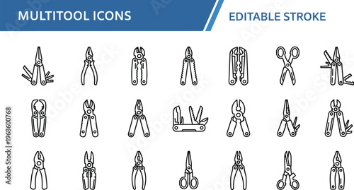 Multitool pliers icon set with various folding tools and hand tool designs editable stroke vector collection isolated on white background