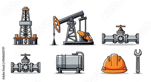Oil Industry Equipment and Safety Gear Illustration.